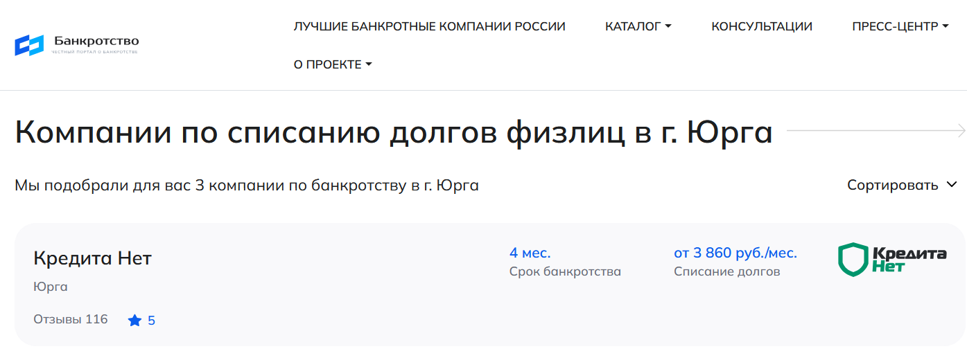 КредитаНет – первые в рейтинге компаний по банкротству в Юрге на сайте Банкротство Инфо